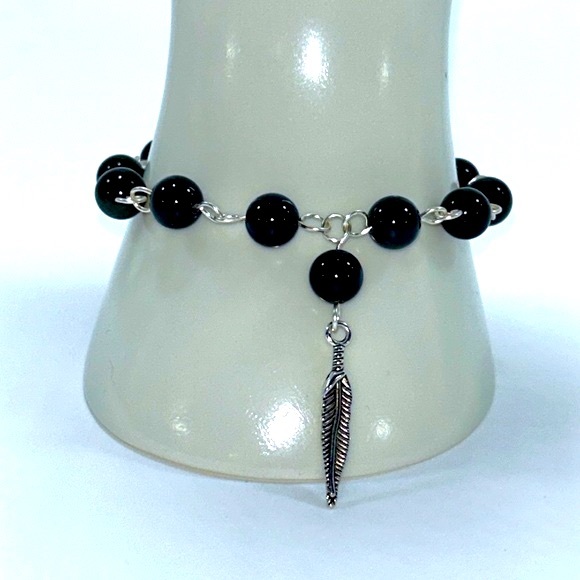 Handmade Feather Charm Bracelet with Natural Obsidian Stones! - Picture 2 of 6